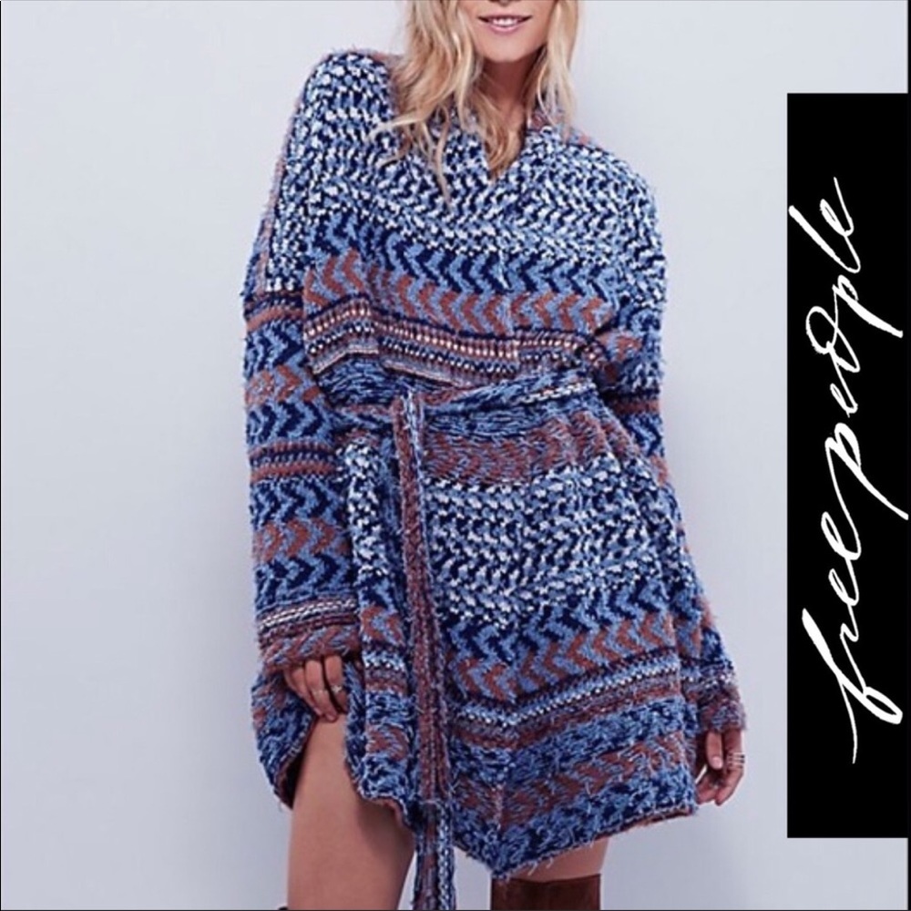Free people cozy long sweater blue orange tie